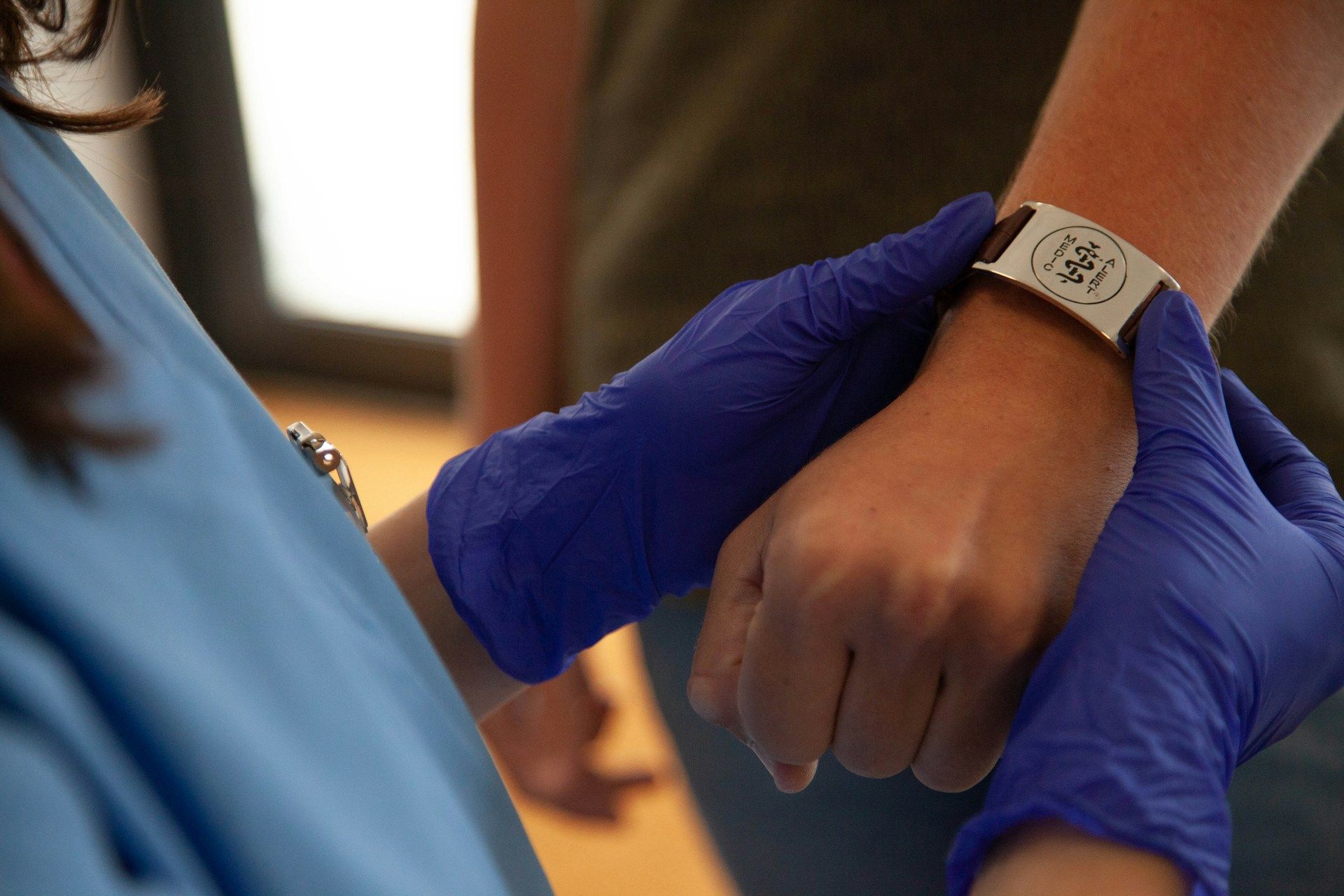 close-up of a medical ID bracelet,